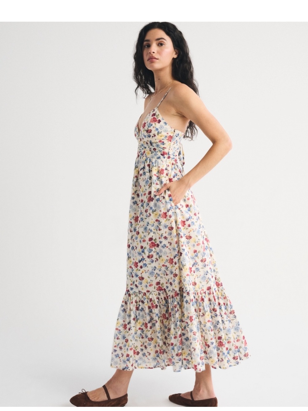Abercrombie & Fitch Floral Bra-Free Tie-Back Flowy V-Neck Maxi Dress - Picture 3 of 4